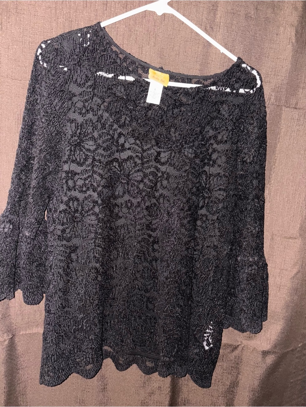 Ruby Rd Black Floral Lace Overlay Bell Sleeve Top Attached Cami Women’s Large